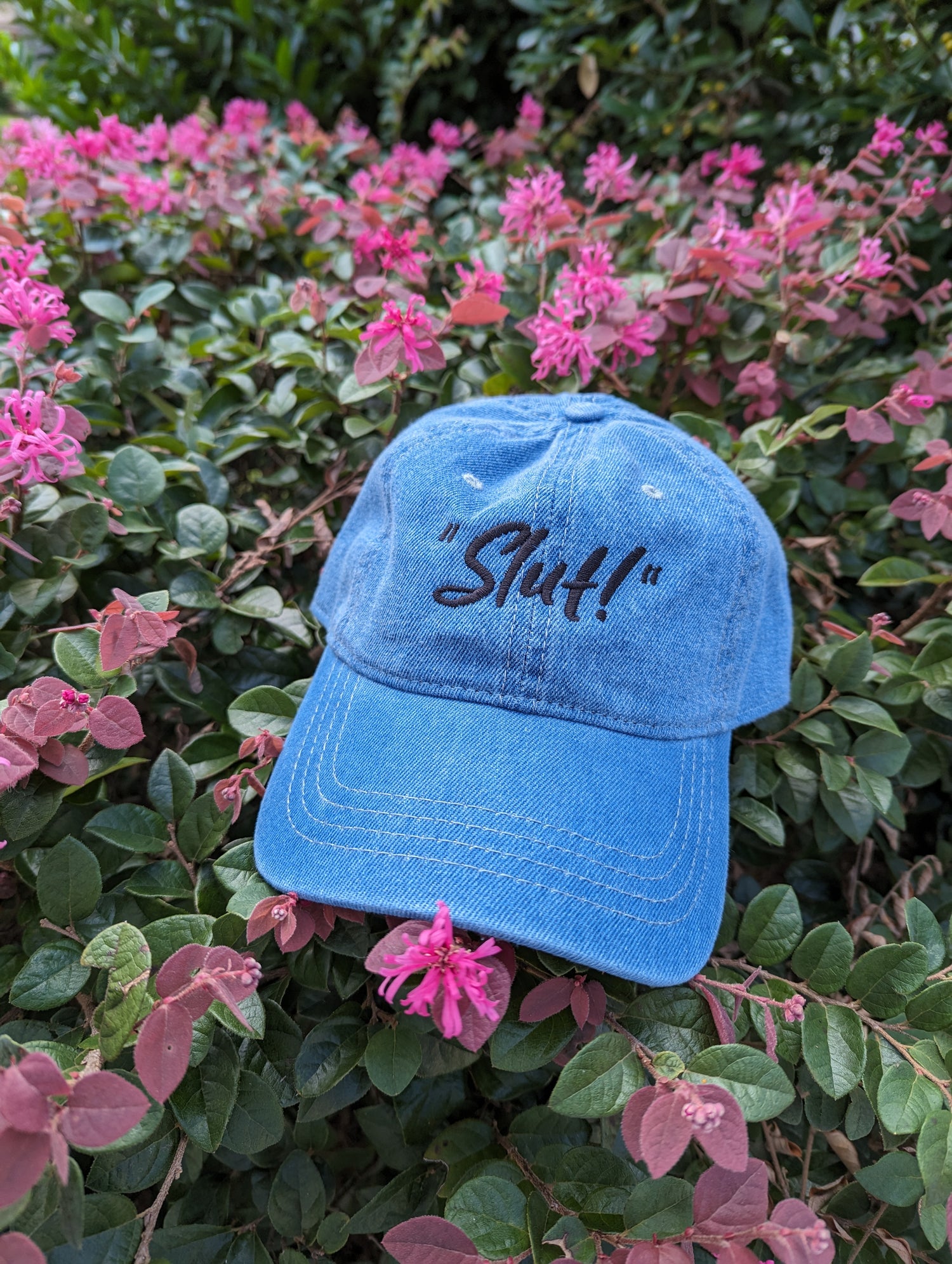 "slut!" denim embroidered baseball cap