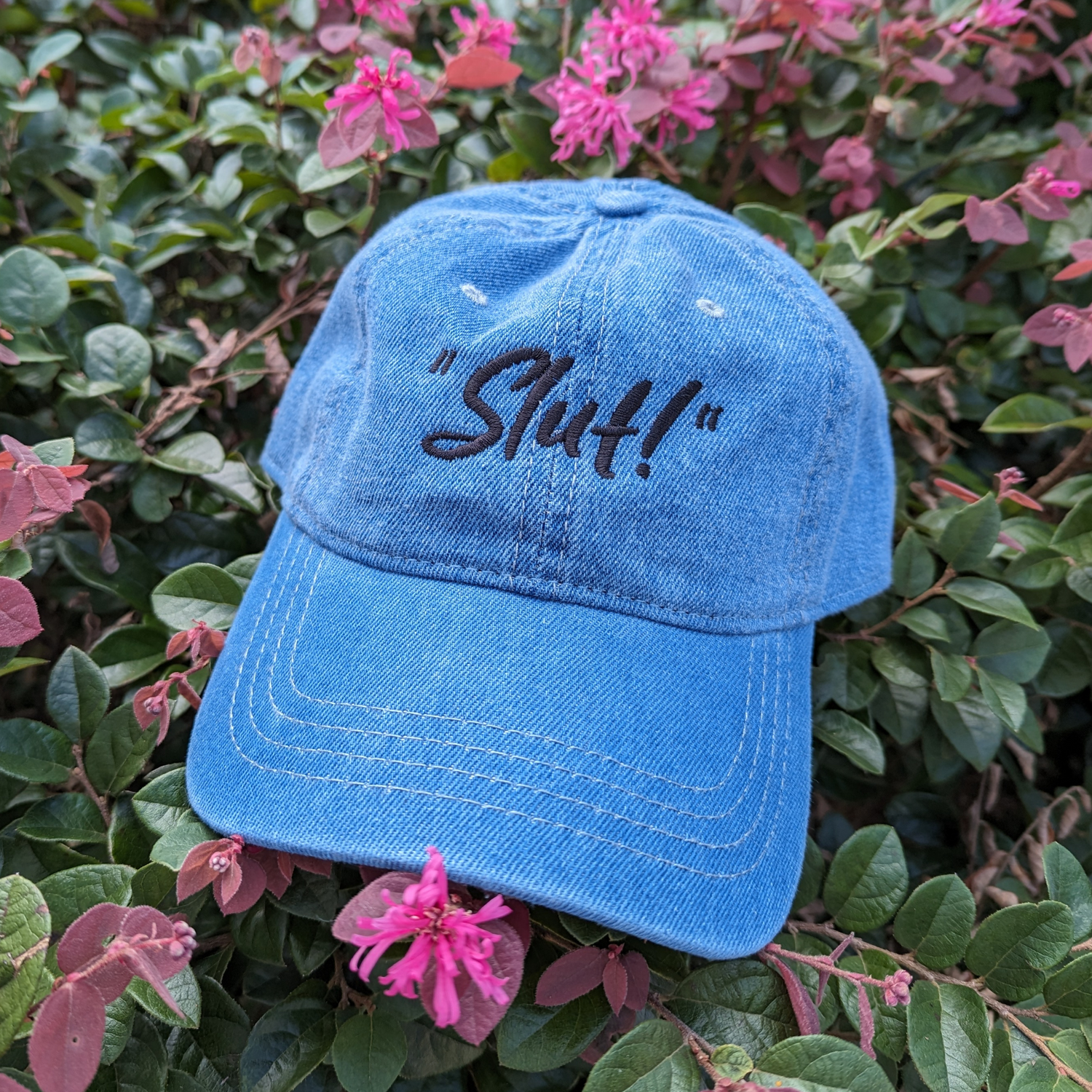 "slut!" denim embroidered baseball cap